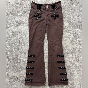 Hot Topic Brown Flare Pants with Black Strap Details Goth Grunge Woman Size 7